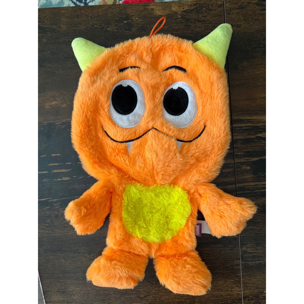 Multipet Orange Monster Plush Squeaky Toy Green Horns 13 Inch